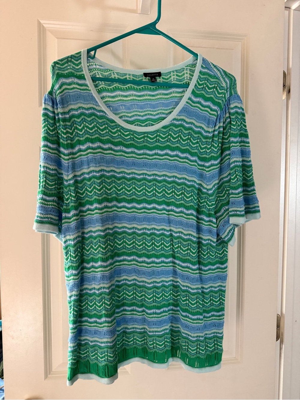 Talbots Green & Light Blue Wave-Stripe Short Sleeve Sweater